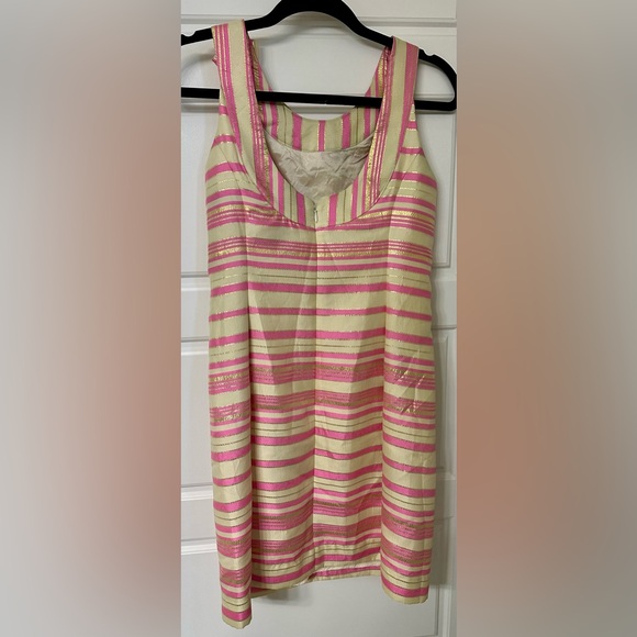 Lilly Pulitzer Elias Pink Gold Metallic Striped Mini Dress Shoulder Bow - Picture 6 of 6